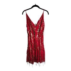 Southern Fried Chics Red Spaghetti Strap Wrap Dress With Gold Sequins Size Sm